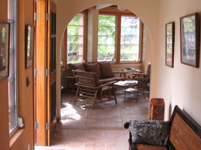 the lobby at The Iguana Reef Inn, the premier hotel on Caye Caulker in Belize, is ideal for experiencing the spectacular Scuba, diving, snorkeling, fishing and windsurfing at the Belize barrier reef.