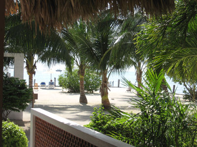 looking towards the Caribbean Sea at The Iguana Reef Inn, the premier hotel on Caye Caulker in Belize, is ideal for experiencing the spectacular Scuba, diving, snorkeling, fishing and windsurfing at the Belize barrier reef.